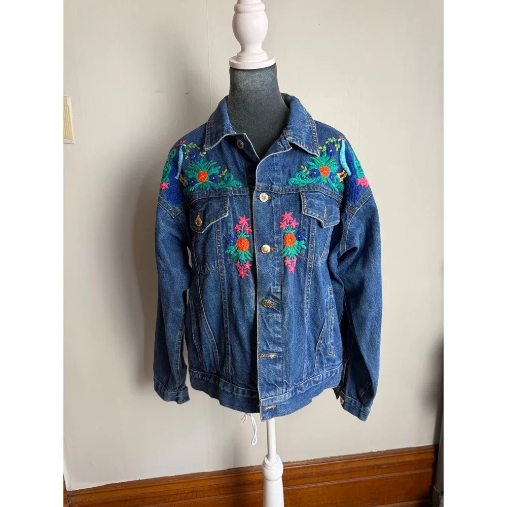 Vintage Embroidered Denim Jacket festival Peacock‎ Floral Boho Trucker hippie M